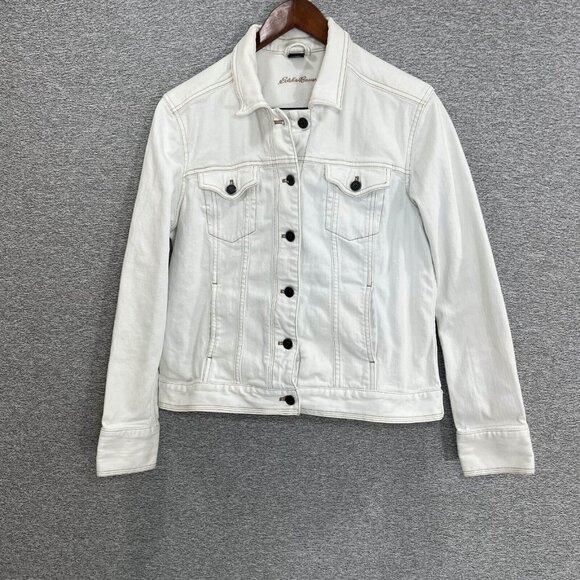 Eddie Bauer Jean Jacket Womens Size L White Button Up Cotton Blend Casual Denim - Picture 15 of 16